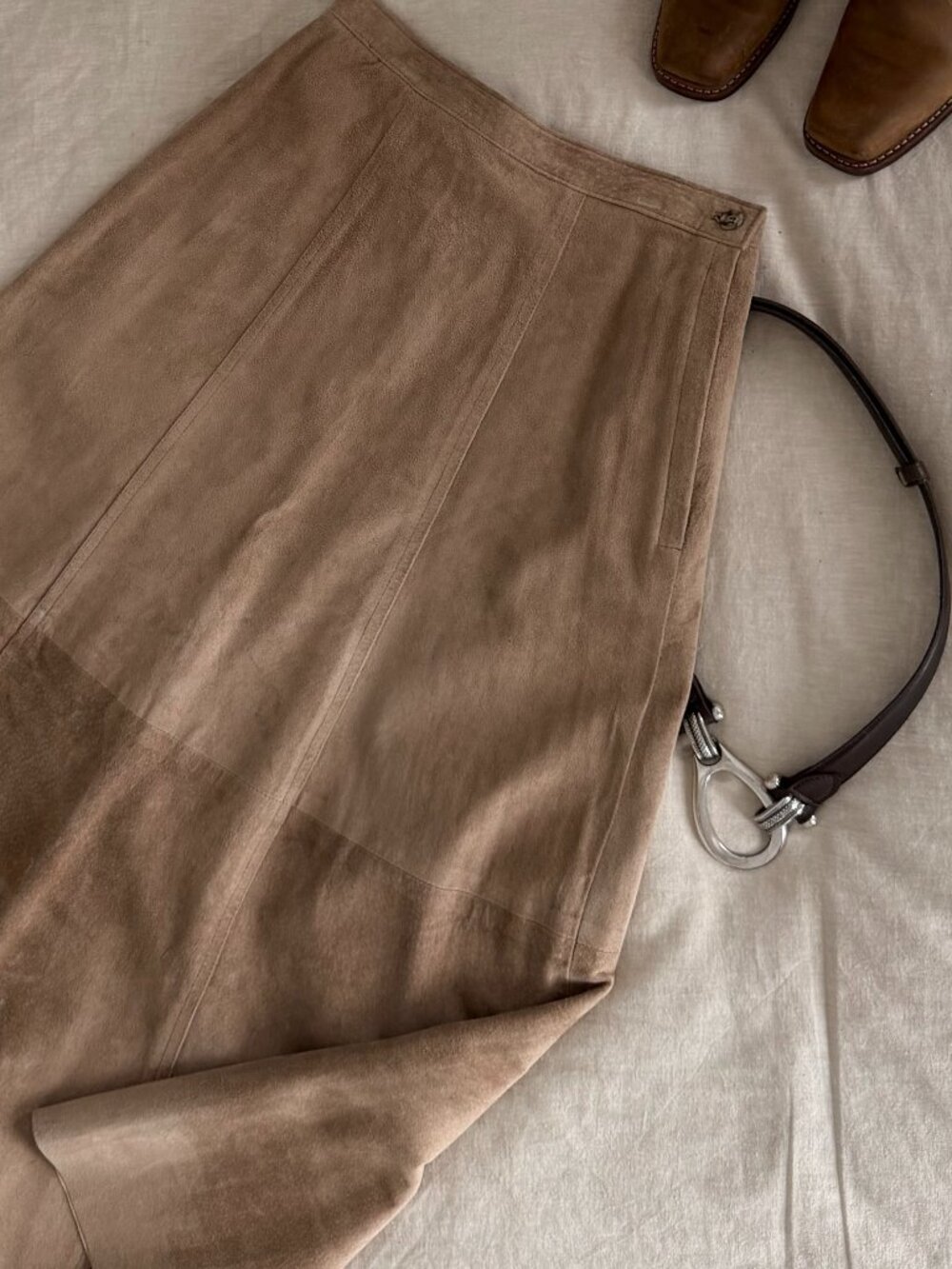 Vintage Tan Suede Maxi Skirt | High Waist Paneled Leather Skirt | Western